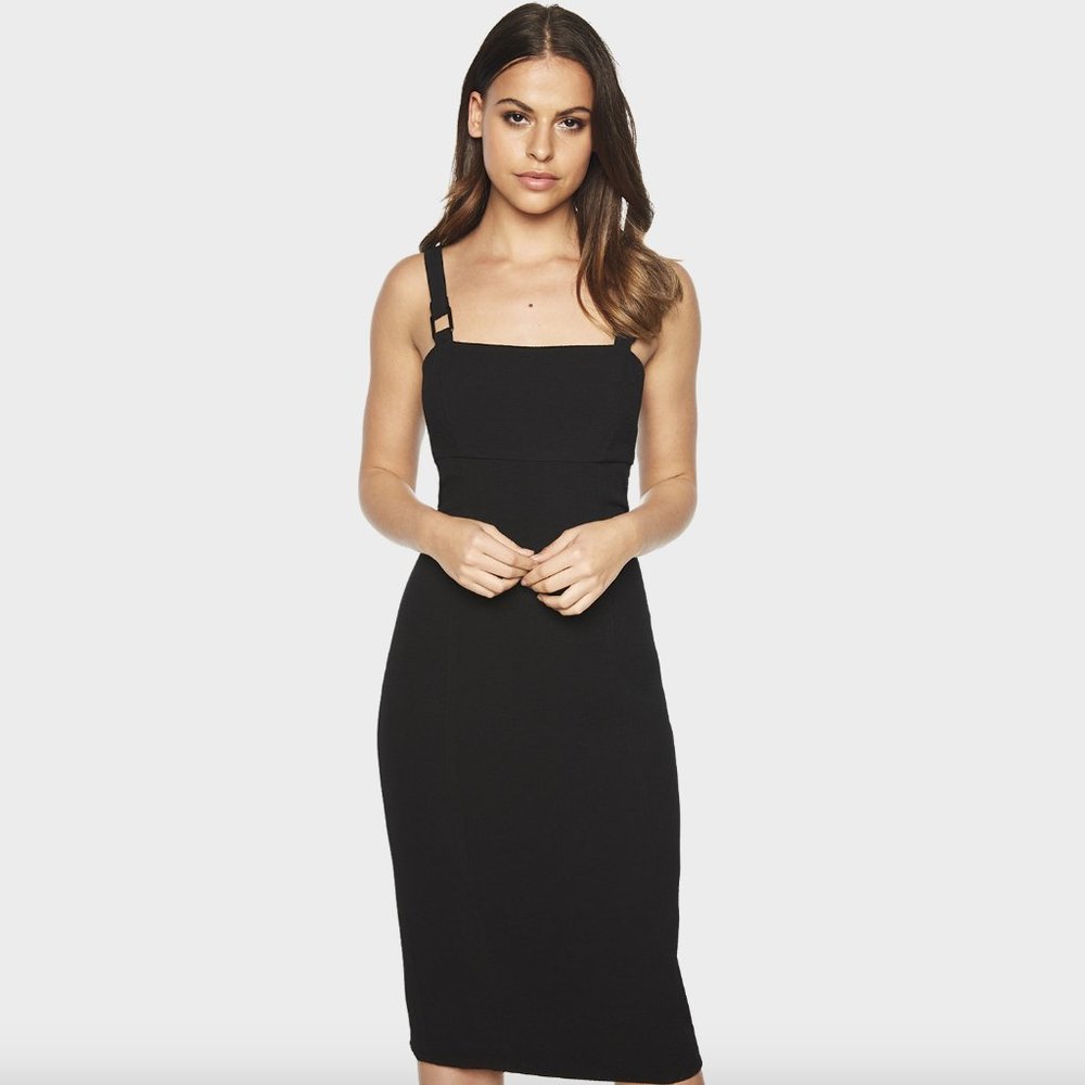 Bardot Buckle wide strap sheath dress in black